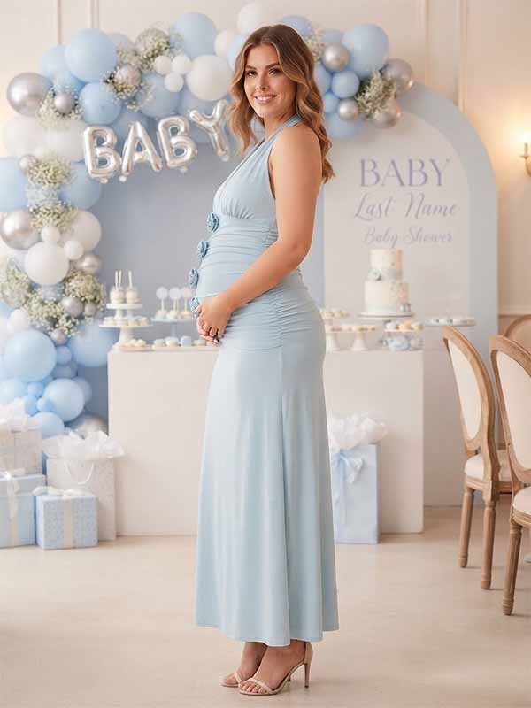 Momyknows Chic Blue 3D Flowers Ruched Halter Neck Backless Baby Shower Maternity Maxi Dress, Blue / XL