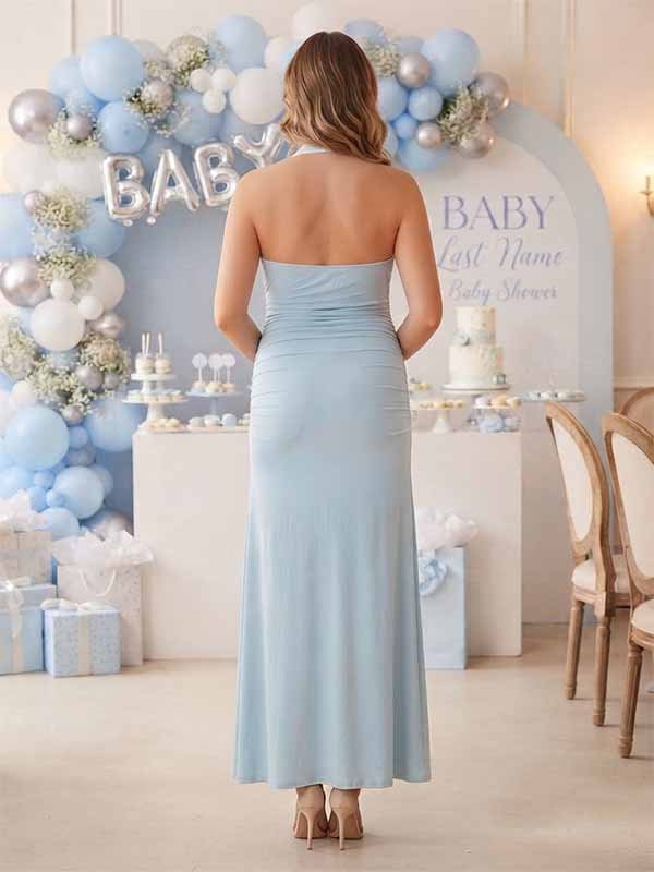 Momyknows Chic Blue 3D Flowers Ruched Halter Neck Backless Baby Shower Maternity Maxi Dress - Blue - 3