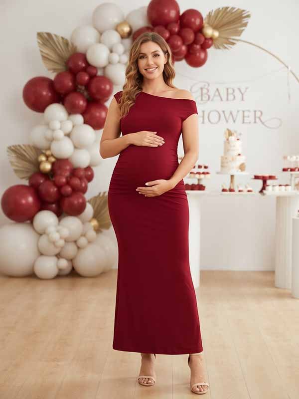 Momyknows Chic Irregular Oblique Shoulder Bodycon Mermaid Baby Shower Maternity Maxi Dress - Red - 1