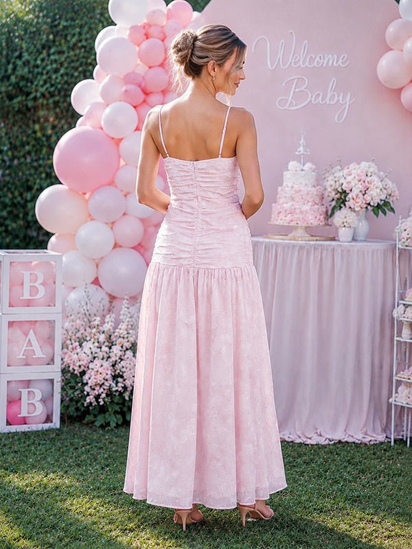 Momyknows Elegant Floral Ruffle Spaghetti Strap Baby Shower Maternity Maxi Dress - Pink - 2