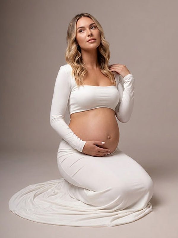 Momyknows Elegant White Backless Midriff Mermaid Sheer Maternity Photoshoot Maxi Dress - White - 2