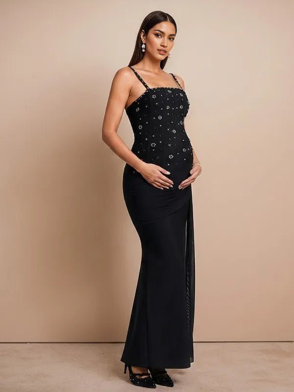 Momyknows Chic Black With Rhinestones Backless Draped Hem Maternity Maxi Dress - Black - 2