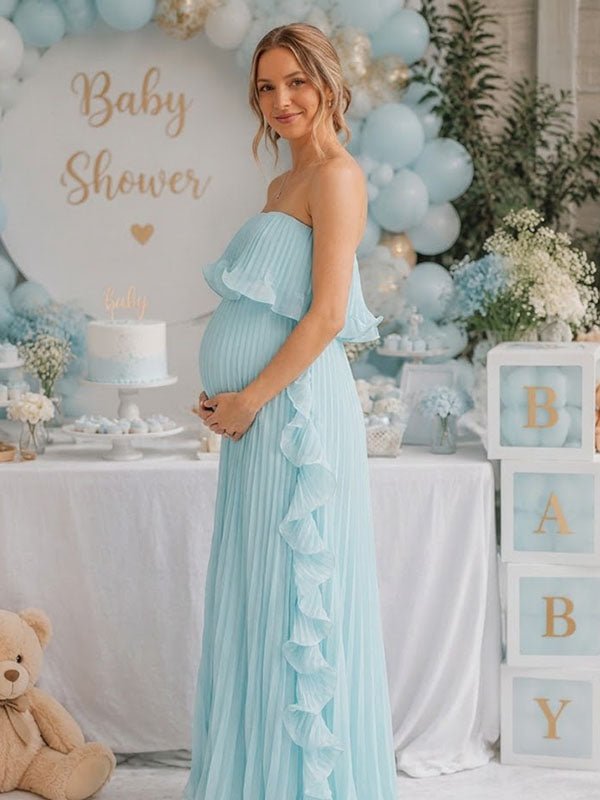Momyknows Elegant Light Blue Falbala Pleated Flowy Bandeau Baby Shower Maternity Maxi Dress - Light Blue - 2