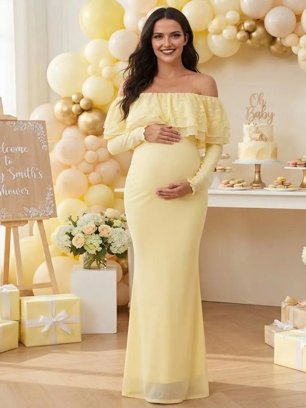 Momyknows Chic Yellow Lace Falbala Off Shoulder Mesh Baby Shower Maternity Maxi Dress - Yellow - 1