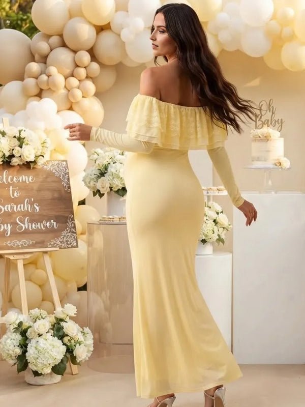 Momyknows Chic Yellow Lace Falbala Off Shoulder Mesh Baby Shower Maternity Maxi Dress - Yellow - 2