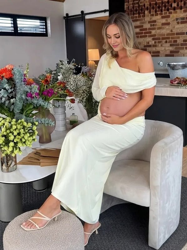 Momyknows Chic Yellow Cut Out Irregular Oblique Shoulder Ruched Mesh Baby Shower Maternity Maxi Dress - Yellow - 2