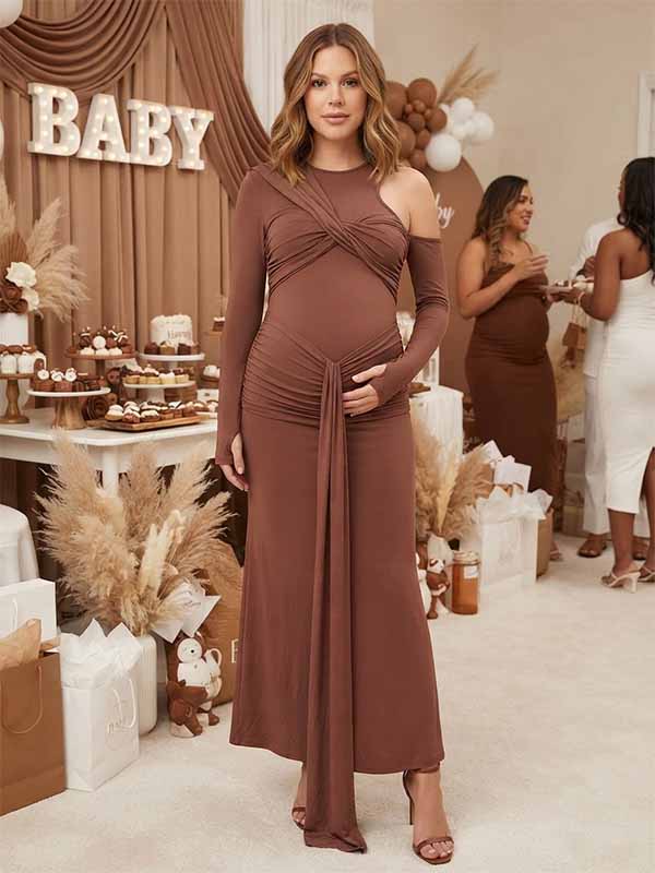 Momyknows Chic Brown Ruched Cut Out Side Draped Knot Baby Shower Maternity Maxi Dress