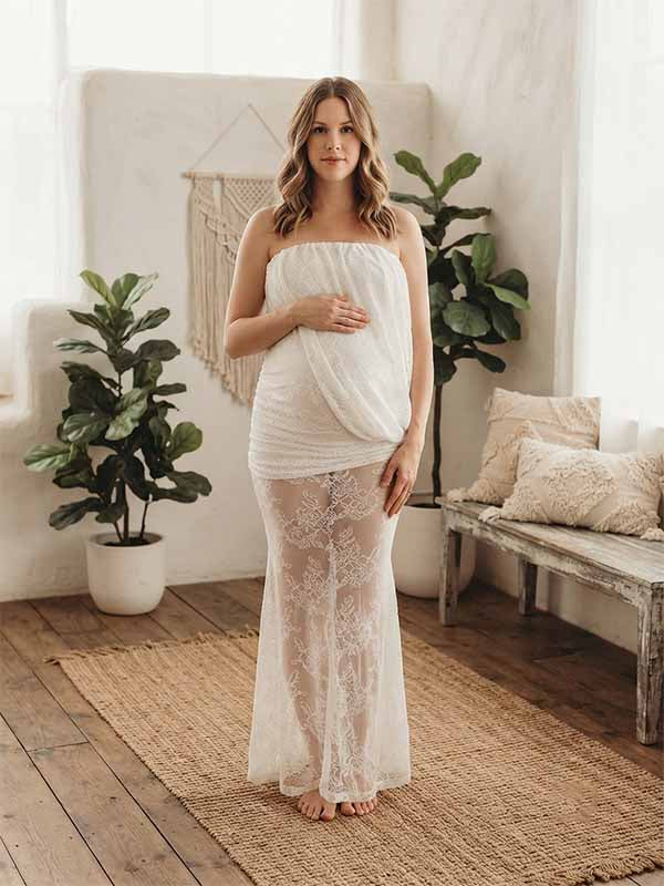 Momyknows Chic White Lace Bandeau Patchwork Ruched Mermaid Photoshoot Maternity Maxi Dress