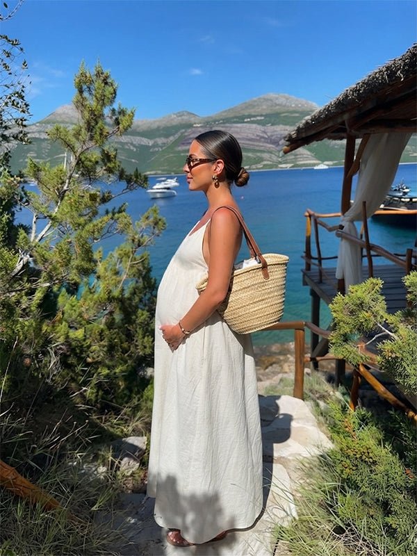 Momyknows Boho White Drawstring Backless Flowy Spaghetti Strap Vacation Maternity Maxi Dress