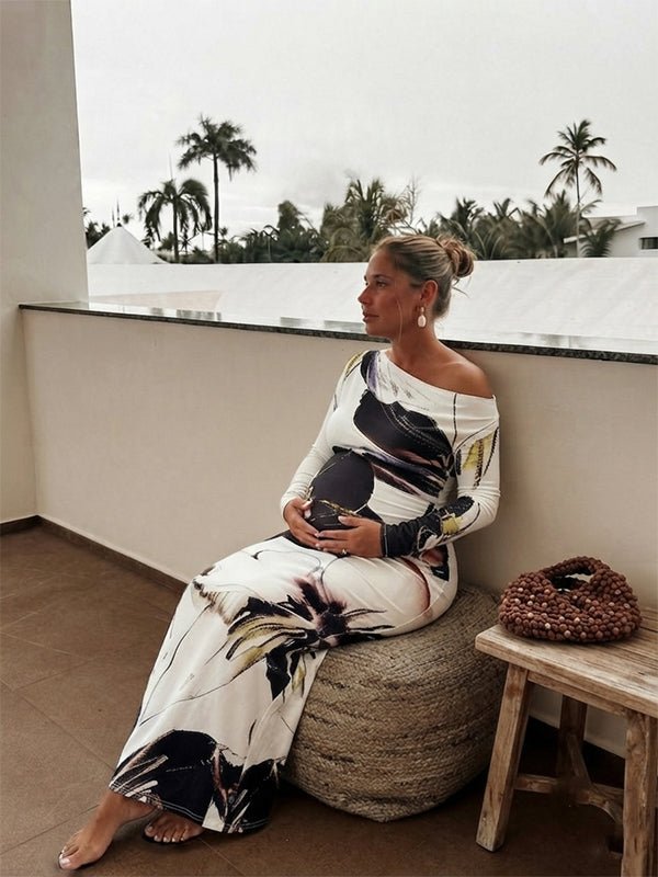 Momyknows Chic White Floral Bodycon Oblique Shoulder Cocktail Maternity Maxi Dress, White / L