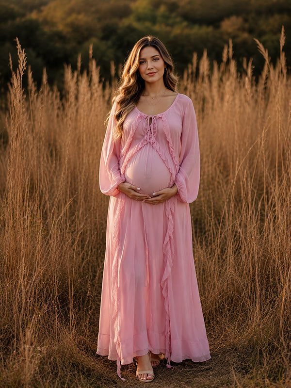 Momyknows Boho Pink Falbala Lace-up Flowy Photoshoot Maternity Maxi Dress