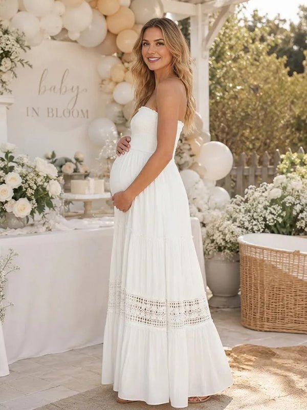 Momyknows Chic Bandeau Cut Out Baby Shower Maternity Maxi Dress - White - 2
