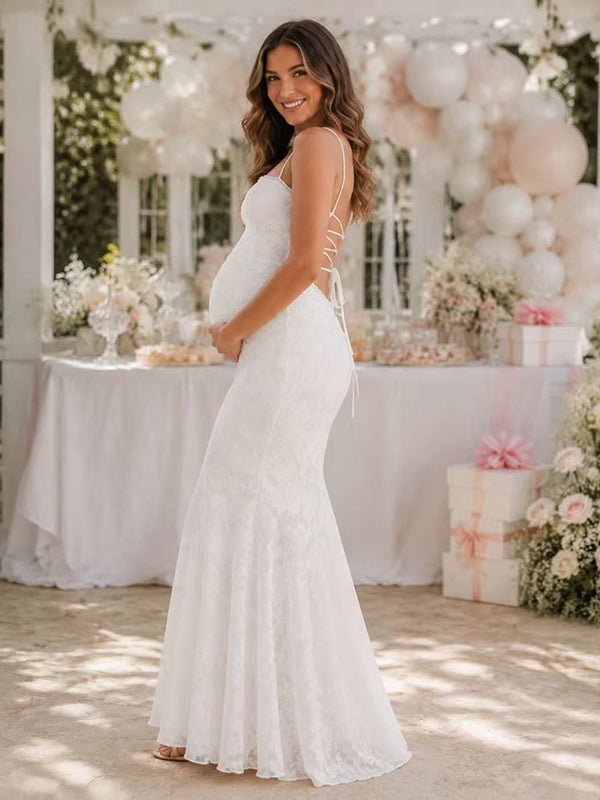 Momyknows White Elegant Backless Lace Up Mermaid Baby Shower Maternity Maxi Dress - White - 2