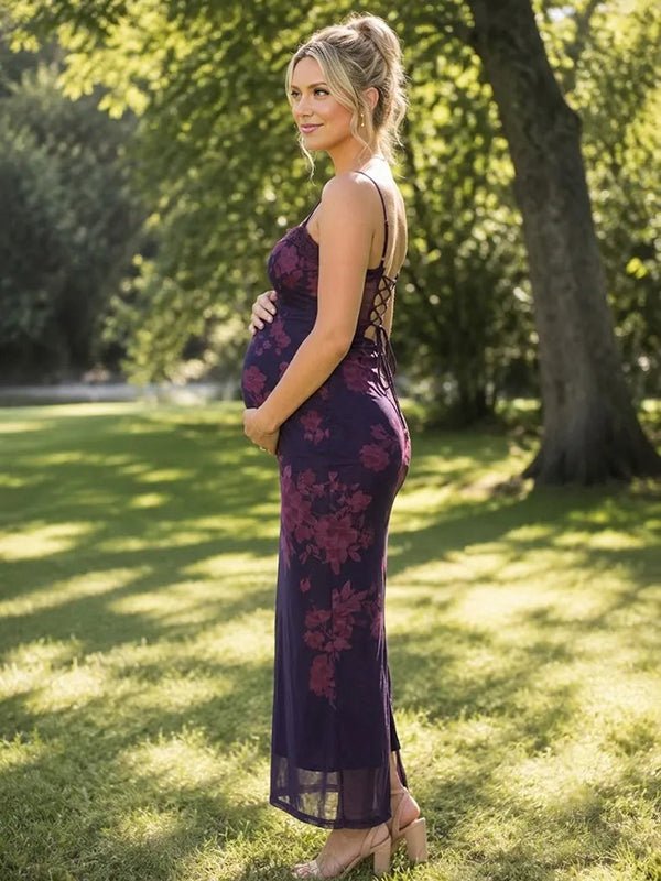 Momyknows Purple Chic Lace Floral Side Slit Lace Up Maternity Maxi Dress - Purple - 2