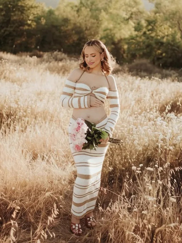 Momyknows Boho Apricot Striped Color Blocking Crochet Off Shoulder 2-in-1 Photoshoot Maternity Maxi Dress