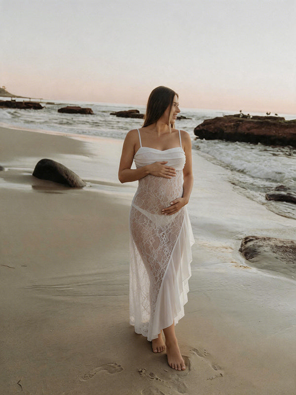 Momyknows Boho Lace Falbala Side Slit Transparent Photoshoot Maternity Maxi Dress