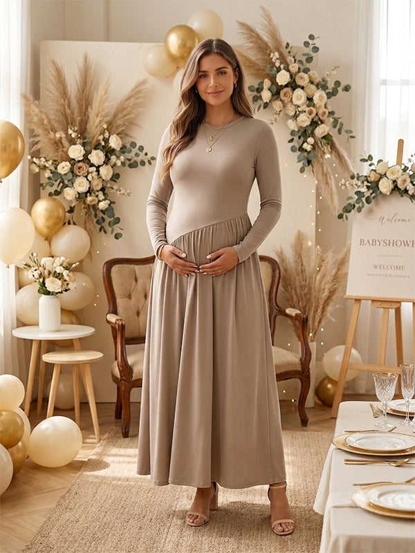Momyknows Chic Apricot Ruched A-Line Flowy Baby Shower Maternity Maxi Dress
