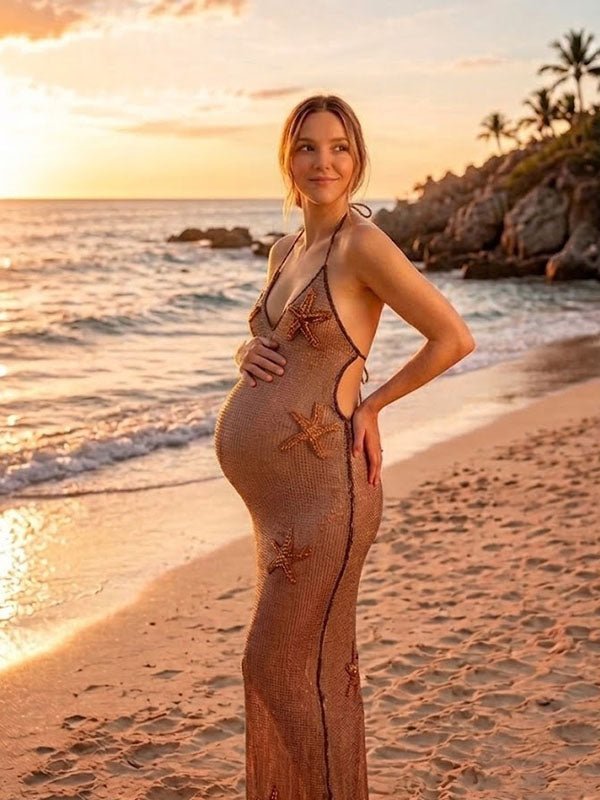 Momyknows Fashion Brown Halter Neck Backless Lace-Up Starfish Maternity Maxi Dress Cover-Up - Brown - 2