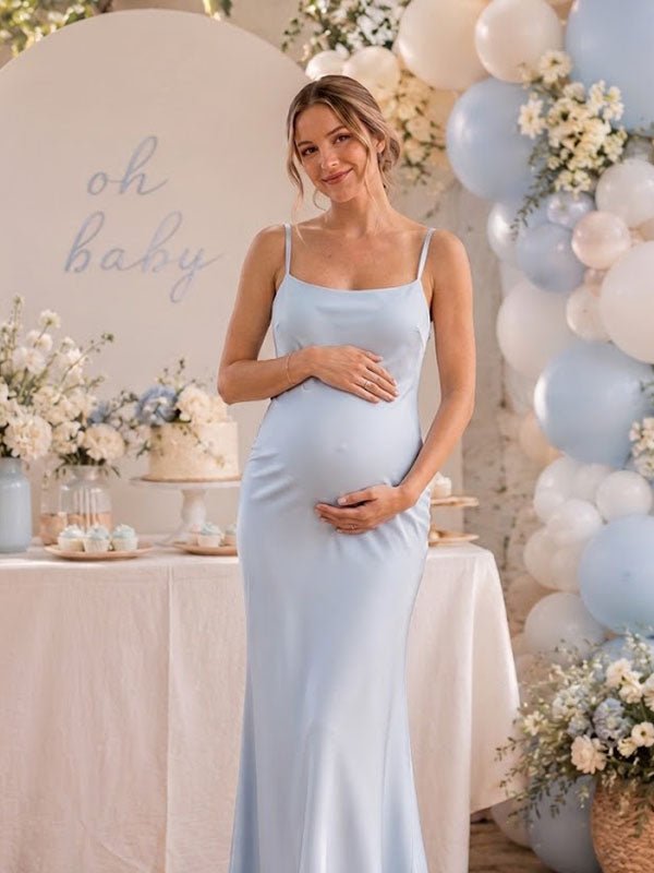 Momyknows Mermaid Spaghetti Straps Grenadine Cape 2-in-1 Baby Shower Maternity Maxi Dress - Blue - 2