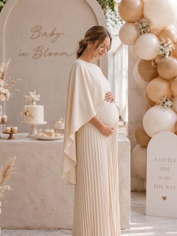 Momyknows Elegant Beige Pleated Flowy Baby Shower Maternity Maxi Dress - Beige - 2
