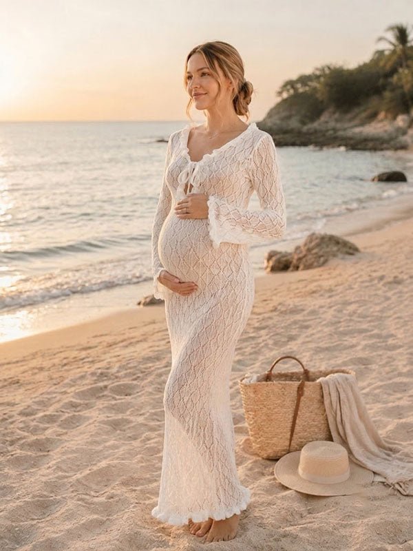 Momyknows Fashion White Falbala Bodycon Lace-Up Hollow Out Maternity Maxi Dress Cover-Up, White / S