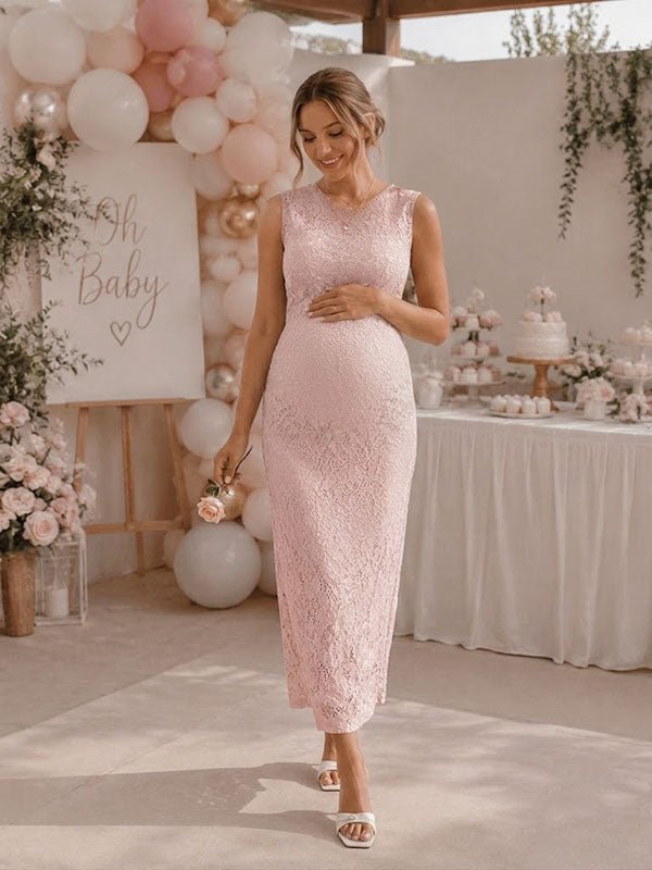 Momyknows Elegant Pink Lace Bodycon Baby Shower Maternity Maxi Dress - Pink - 2