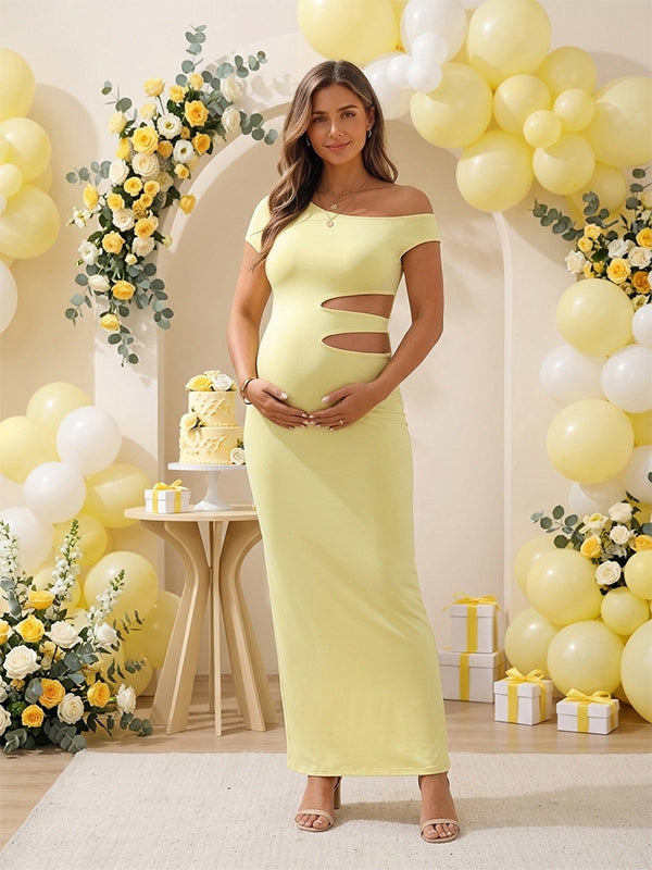 Momyknows Chic Yellow Oblique Shoulder Bodycon Cut Out Baby Shower Maternity Maxi Dress