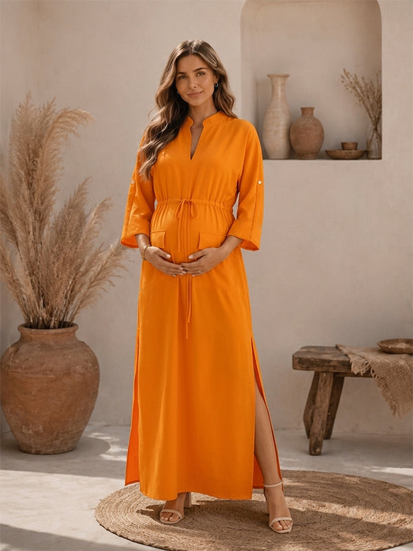 Momyknows Boho Daily Drawstring Side Slit Pockets Vacation Maternity Maxi Dress