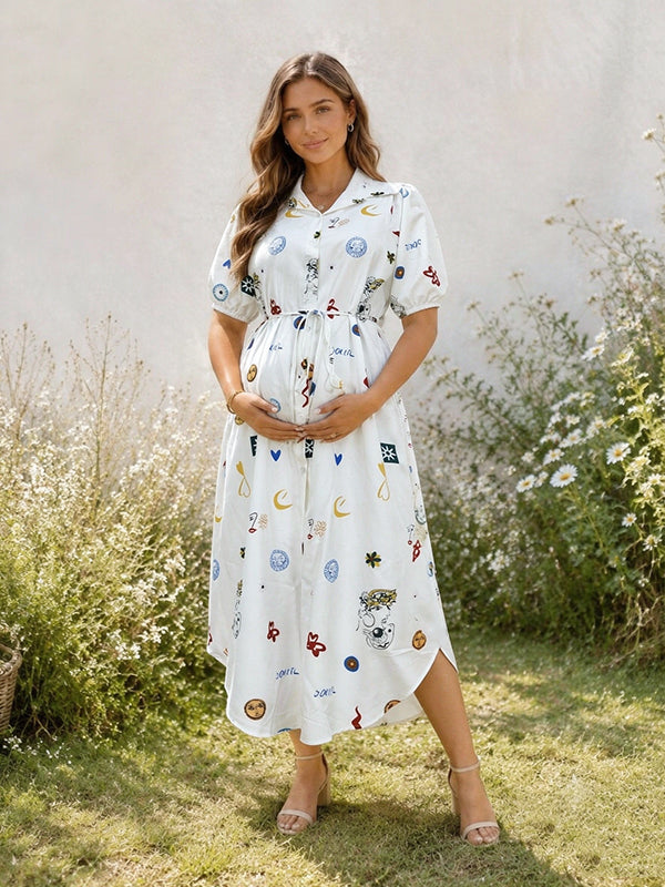 Momyknows Boho Daily White Floral Belt Single Breasted Vacation Maternity Blouses Maxi Dress