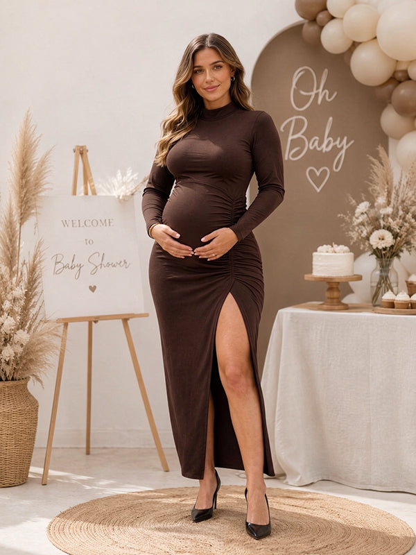 Momyknows Chic Cocktail Side Slit Ruched Bodycon Baby Shower Maternity Maxi Dress