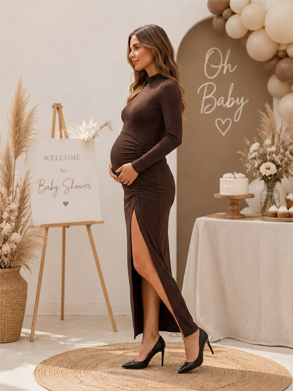 Momyknows Chic Cocktail Side Slit Ruched Bodycon Baby Shower Maternity Maxi Dress