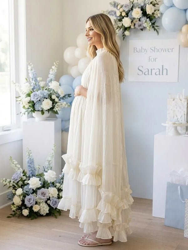 Momyknows Elegant White Falbala Cape Baby Shower Maternity Maxi Dress - White - 2