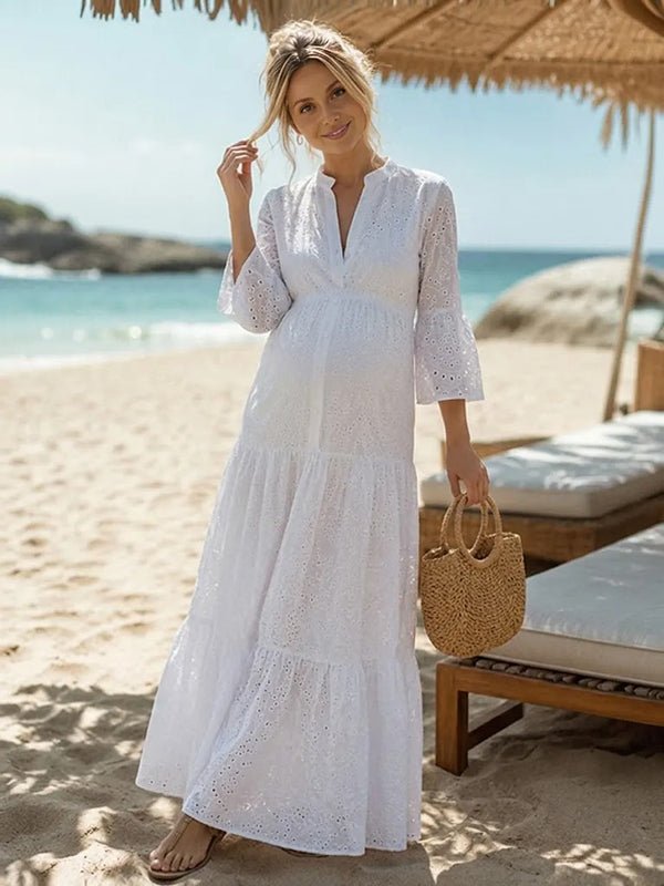 Momyknows Chic White Cut Out vacation Maternity Maxi Dress - White - 2