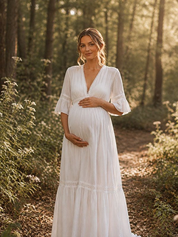 Momyknows Elegant White Flowy Lace Photoshoot Maternity Maxi Dress - White - 1