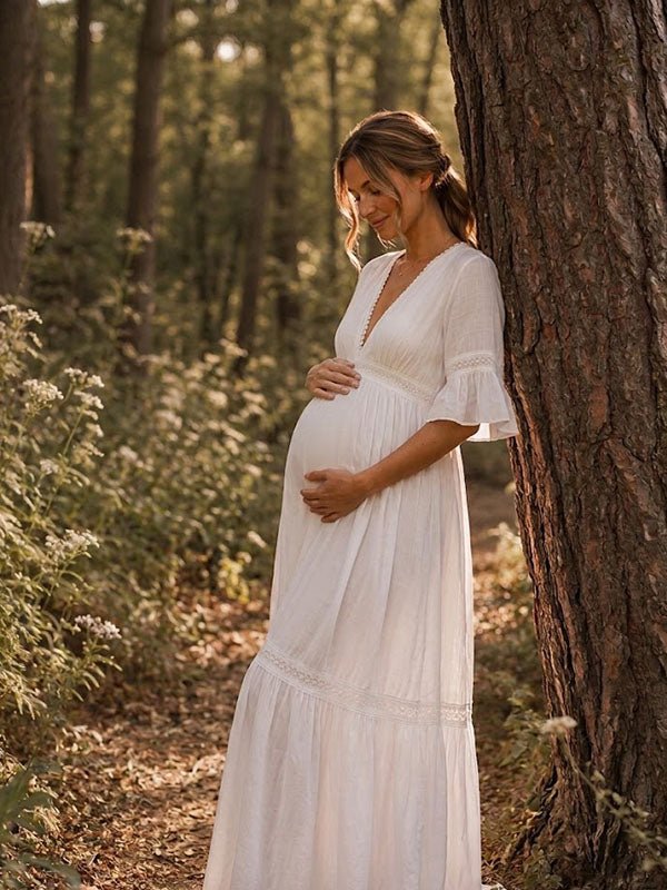 Momyknows Elegant White Flowy Lace Photoshoot Maternity Maxi Dress - White - 3
