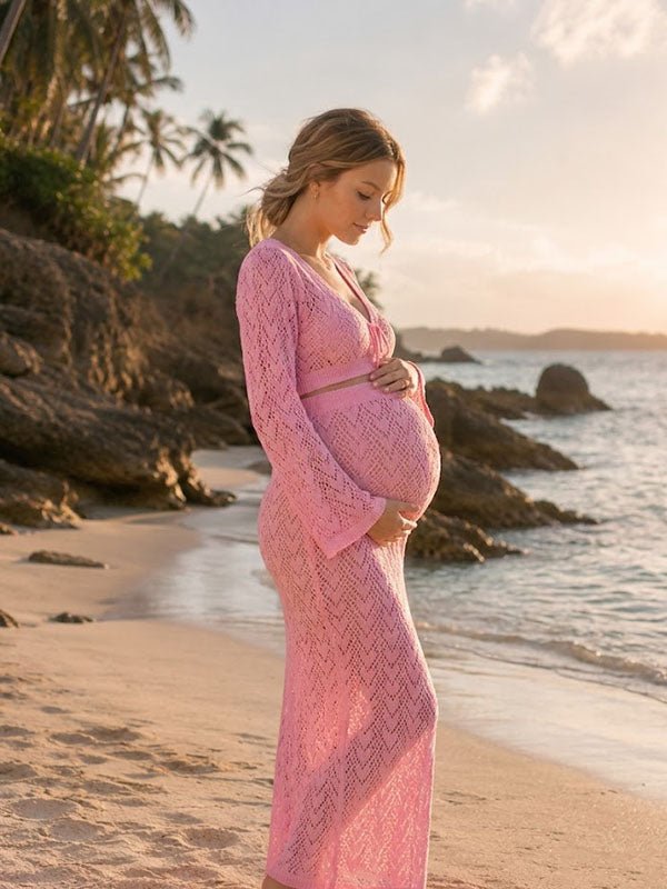 Momyknows Pink Lace-Up Hollow Out 2-in-1 Side Slit Vacation Maternity Maxi Dress Cover-Up - Pink - 2