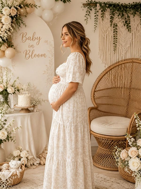 Momyknows Elegant Beige Floral A-Line Shirring Baby Shower Maternity Maxi Dress - Beige - 2
