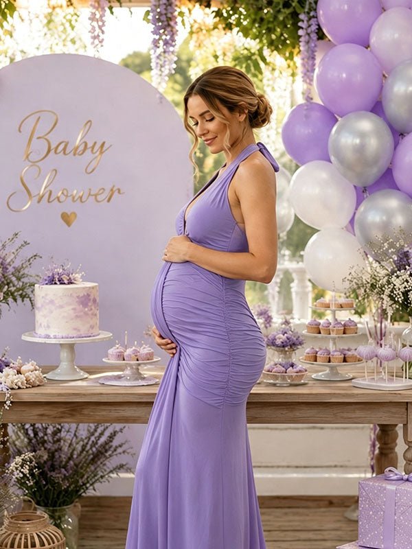 Momyknows Elegant Halter Neck Ruched Lace-Up Side Draped Baby Shower Maternity Maxi Dress - Purple - 2