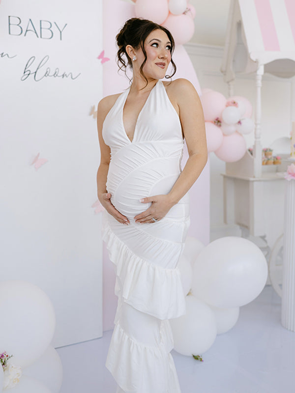 Momyknows Chic White Ruched Falbala Bodycon Mermaid Backless Baby Shower Maternity Maxi Dress