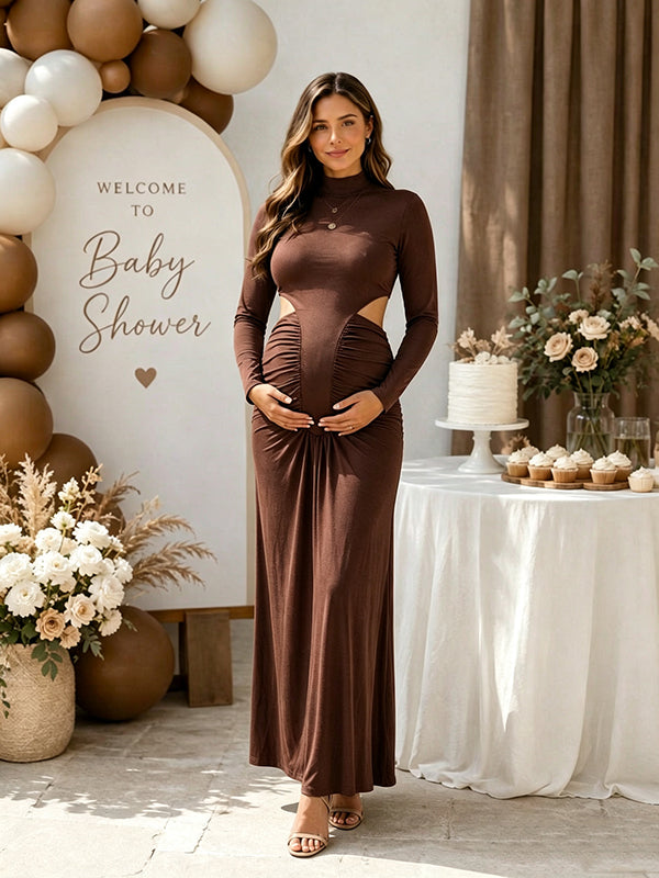 Momyknows Chic Cocktail Ruched Cut Out Baby Shower Maternity Maxi Dress