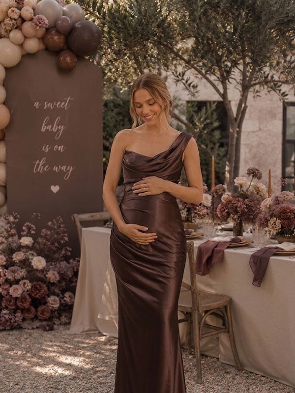 Oblique Shoulder Maternity Maxi Dress with Ruched Lace-Up Accents Mermaid Silhouette
