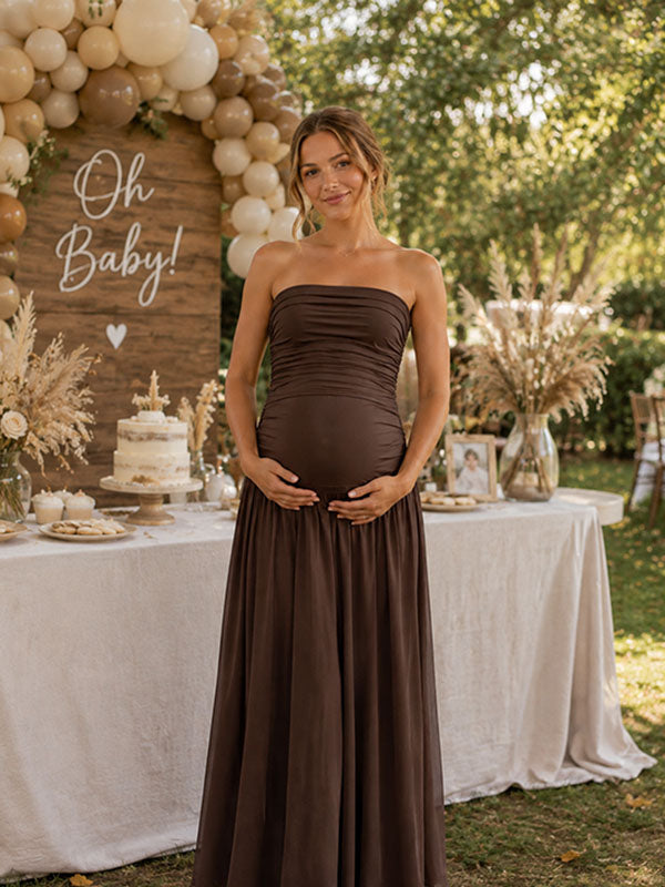 Brown Strapless Maternity Maxi Dress with Ruched Bandeau Bodice and Flowy A-Line Fit, for Baby Shower