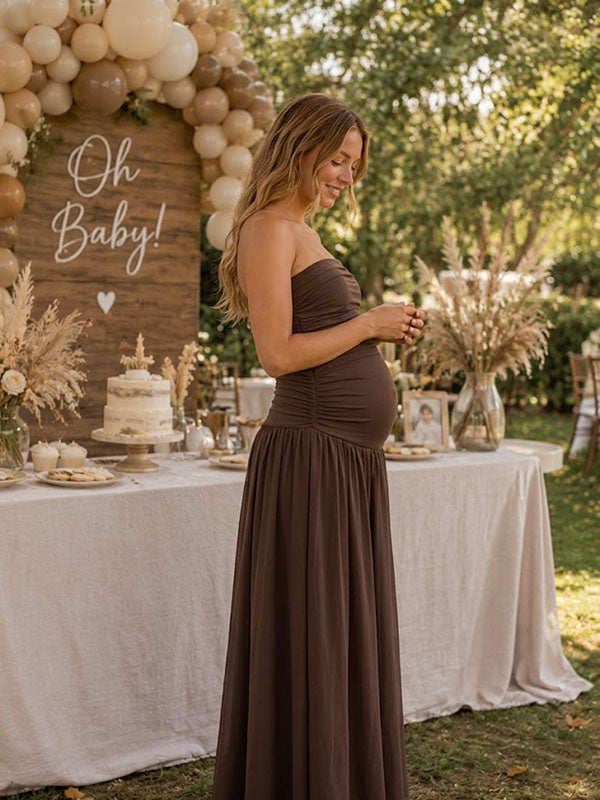 Brown Maternity Maxi Dress with Ruched Bandeau Tube Top and Drop Waist Flared A-Line Silhouette