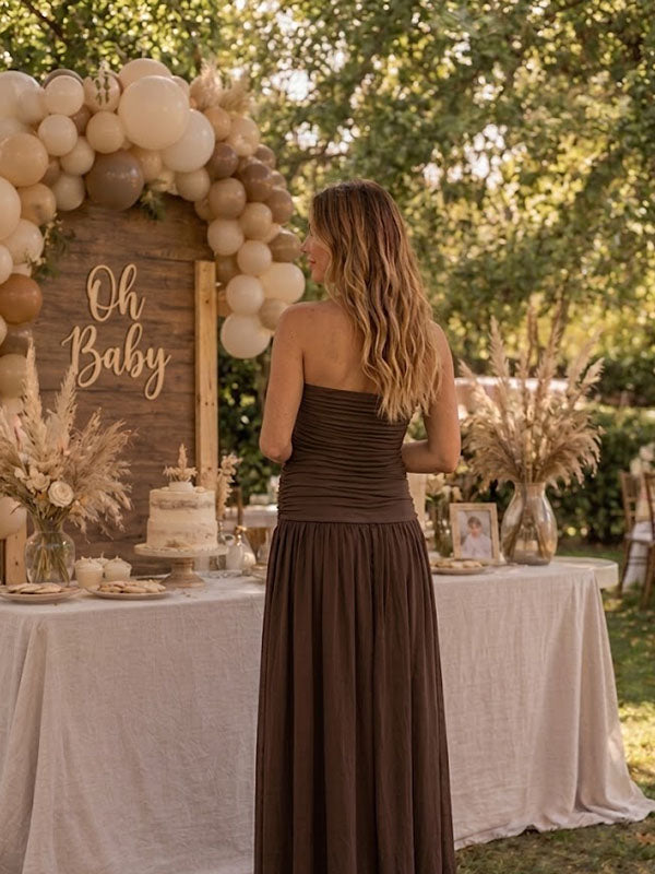 Brown Maternity Dress with Gathered Bandeau Neckline and Shirred Bodice Flowy Maxi Fit