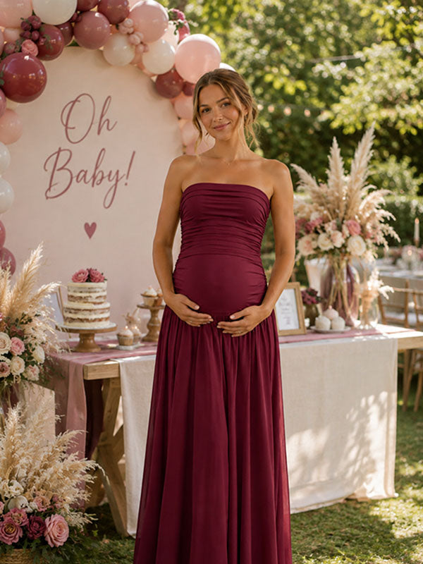 Red Strapless Maternity Dress with Ruched Bandeau Bodice and Pleated Skirt A-Line Fit