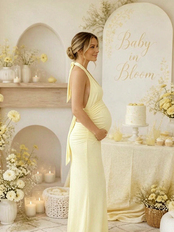 Yellow Maternity Maxi Dress with Halter Neck and Backless Lace-Up Details Bodycon Fit