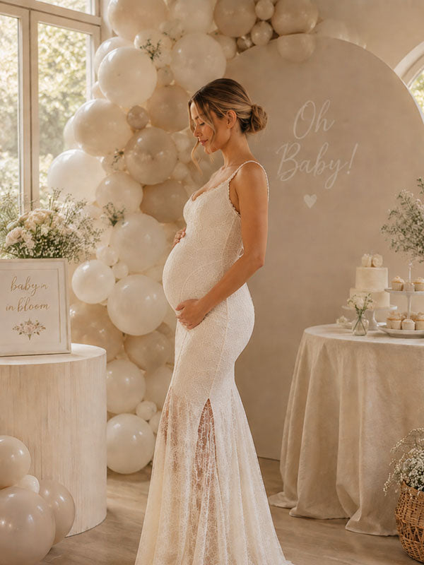 White Lace Maternity Dress with Sheer Slit Hem and Backless Detail Mermaid Fit