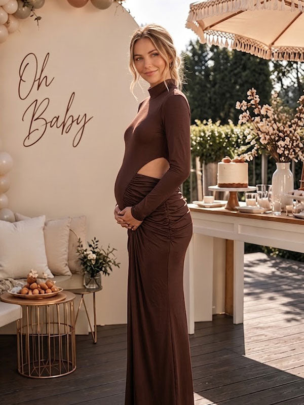 Brown High-Neck Maternity Maxi Dress with Cutout Midriff and Ruched Skirt Bodycon Fit