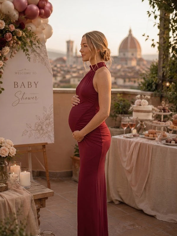 Red Maternity Maxi Dress with Ruched Mock Neck and Center Front Slit Bodycon Fit