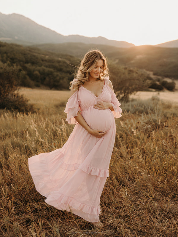 Pink Falbala Flowy Maternity Maxi Dress with Elegant Detail and Relaxed Loose Fit, Outdoor Photoshoot